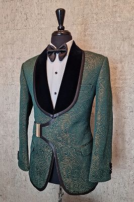 Ron Charming Green Jacquard Shawl Lapel Prom Suits With Satin Pining