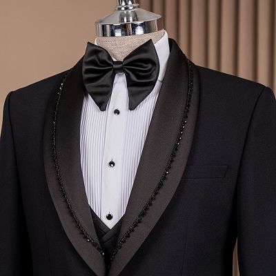 Russell Classical Black Shawl Lapel Three Pieces Wedding Suits With Beading