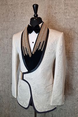 Rory Stylish White Jacquard Beading Shawl Lapel Prom Suits With Satin Piping