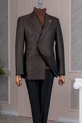 Ralap Bespoke Dark Coffee Peaked Lapel Striped Double Breasted Business Suits