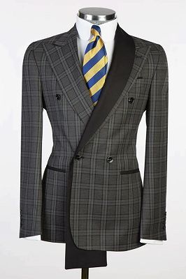 Reuben Stylish Black Plaid Peaked Lapel Double Breasted Business Suits