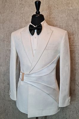 Rudolf Charming White Jacquard Peaked Lapel Prom Suits With Satin Belt