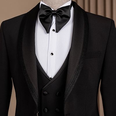 Rock Handsome Black Shawl Lapel Three Pieces Wedding Suits With Pining