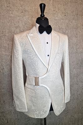 Simon White Jacquard Asymmetrical Buckle Peaked Lapel Prom Suits With Satin Piping