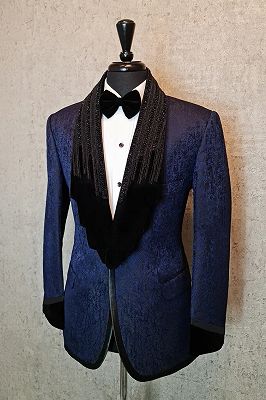 Stanford Chic Blue Jacquard Shawl Lapel Beading Prom Suits With Satin Piping