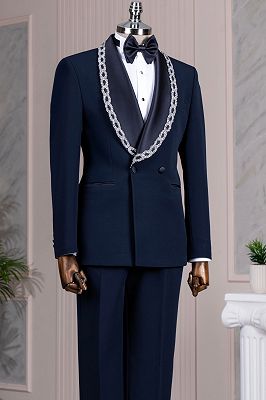 Roy Chic Navy Double Breasted Prom Suits With Beading Shawl Lapel