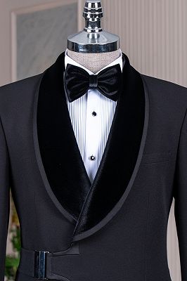 Sean Stylish Black Asymmetrical Buckle Satin Binding Prom Suits With Velvet Shawl Lapel