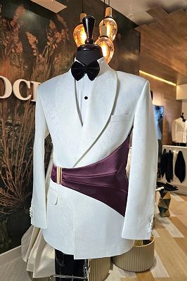 Sandy Decent White Jacquard Shawl Lapel Prom Suits With Grape Satin Sash