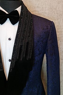 Stanford Chic Blue Jacquard Shawl Lapel Beading Prom Suits With Satin Piping