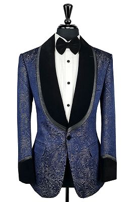 Sampson Fashion Dark Blue Jacquard Prom Suits With Velvet Shawl Lapel