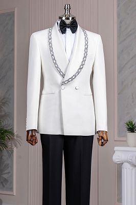 Rudolf Charming White Double Breasted Prom Suits With Beading Shawl Lapel