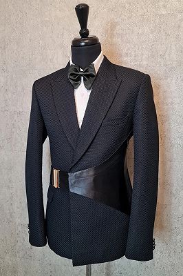 Sidney Charming Black Jacquard Peaked Lapel Prom Suits With Cross Strap