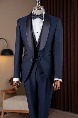 Solomon Elegant Navy Three Pieces Prom Suits With Satin Shawl Lapel