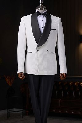Saxon Gentle White Corduroy Double Breasted Prom Suits With Black Shawl Lapel