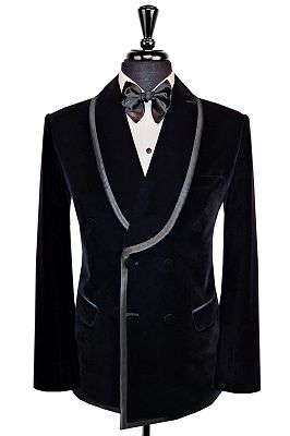Ryan Classical Black Shawl Lapel Double Breasted Velvet Prom Suits With Gray Velvet Trimming