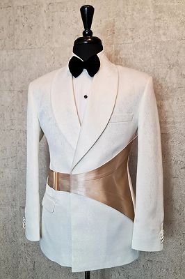 Samuel Generous White Jacquard Prom Suits With Gold Satin Sash