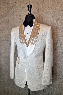 Sidon Chic White Jacquard Satin Shawl Lapel Prom Suits With Beading