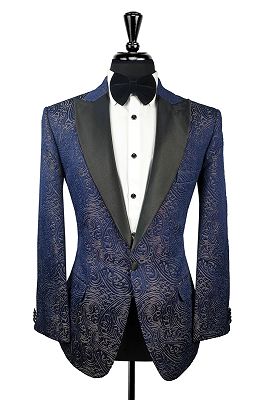 Sam Fancy Dark Blue Jacquard Peaked Lapel One Button Prom Suits