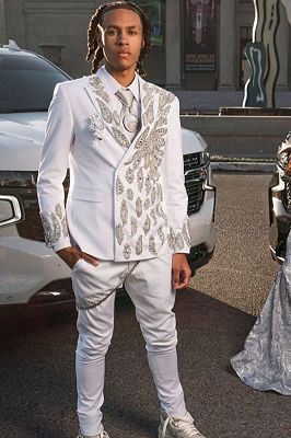 Ted Generous White Peaked Lapel Double Breasted Prom Suits With Beading