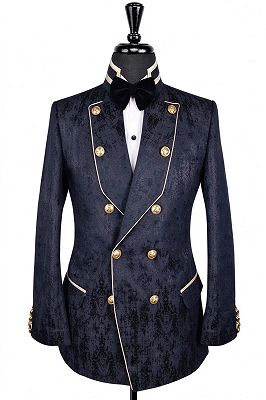 Tab Bespoke Black Jacquard Double Breasted Prom Suits With Piping