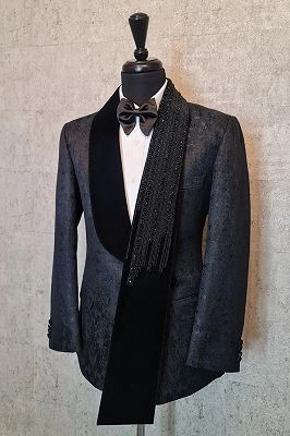 Stewart Fancy Black Jacquard Beading Prom Suits With Asymmetric Velvet Lapel