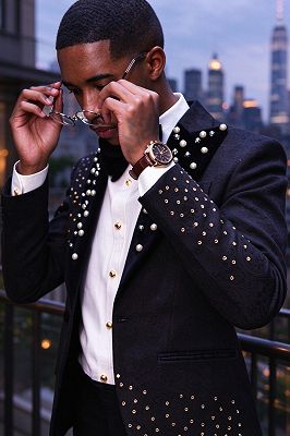 Taylor Fancy Black Jacquard Peaked Lapel One Button Prom Suits With Beading_2