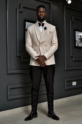 Tim Stylish Beige Jacquard Shawl Lapel Double Breasted Wedding Suits