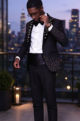 Taylor Fancy Black Jacquard Peaked Lapel One Button Prom Suits With Beading