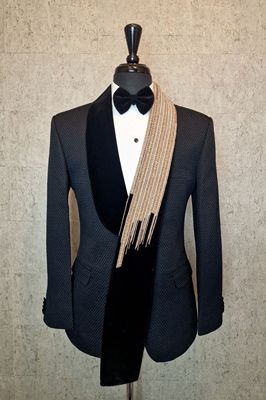 Stev Fancy Black Jacquard Beading Prom Suits With Velvet Shawl Lapel