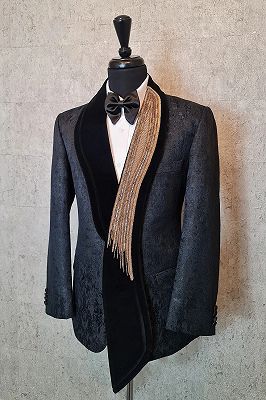Steven Generous Black Jacquard Asymmetric Shawl Velvet Lapel Prom Suits With Beading
