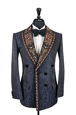 Steve Gentle Dark Blue Jacquard Beading Shawl Lapel Prom Suits With Satin Piping