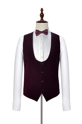 Velvet Shawl Collar White Wedding Tuxedos | Three Piece Wedding Suits with Burgundy Vest_4