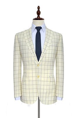 Ivory Large Grid Mens Suits Sale | Two Button Flap Pocket Leisure Suits for Men