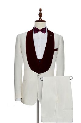 Velvet Shawl Collar White Wedding Tuxedos | Three Piece Wedding Suits with Burgundy Vest_1