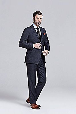 Gentlemanly Grey Grid Peak Lapel Black Suits for Men_2