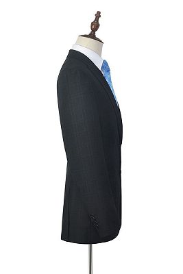 Classic Peak Lapel Plaid Two Button Black Mens Suits for Business_5