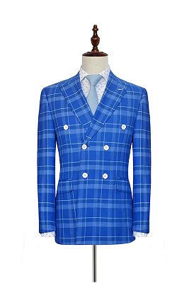 Bespoke Double Breasted Checked Blue Mens Suits | Peak Lapel Leisure Suits_1