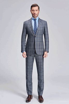 Modern Plaid Notch Lapel Patch Pocket Grey Suits for Men_1