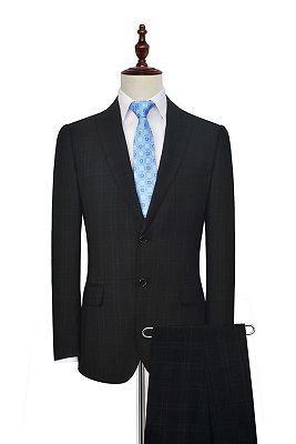 Classic Peak Lapel Plaid Two Button Black Mens Suits for Business