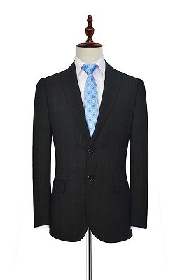 Classic Peak Lapel Plaid Two Button Black Mens Suits for Business_3