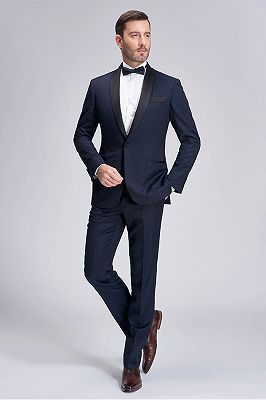 Gentle Blue Dots Shawl Lapel Wedding Tuxedos | Dark Navy Wedding Suits for Men_3