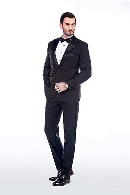 Popular Silk Peak Lapel Two Buttons Solid Black Wedding Suits for Men