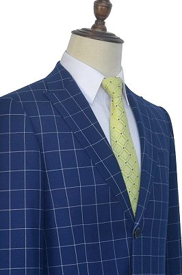 Flap Pocket Peak Lapel Grey Checked Navy Blue Mens Suits_5