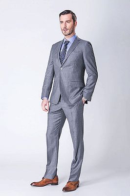 Two Piece Stripes Light Grey Mens Suits with Three Flap Pockets