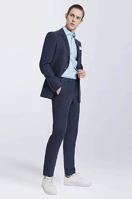 Modern Dark Navy Mens Casual Suits | Stripes Patch Pockets Daily Men's Suits_1
