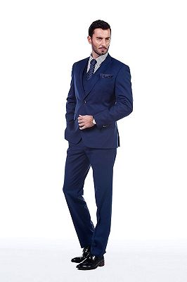 Premium Peak Lapel Navy Blue Three Piece Suits for Men with Double Breasted Vest
