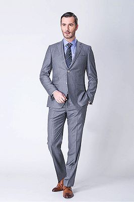 Two Piece Stripes Light Grey Mens Suits with Three Flap Pockets_1