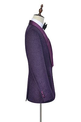 Luxury Dark Purple One Button Wedding Tuxedos | Silk Shawl Lapel Jacquard Prom Suits_5