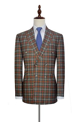 Orange Grey Checked Double Breasted Mens Suits | Peak Lapel Leisure Suits