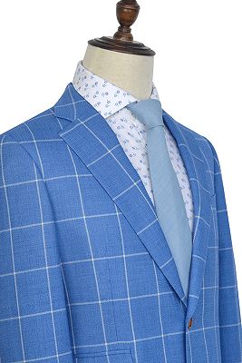 Modern Notch Lapel Two Button Blue Mens Suits | Three Flap Pockets Check Pattern Leisure Suits